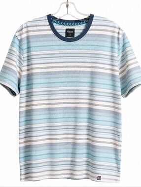 FarWest Men's Blue White Striped Crew Neck Short Sleeve T-Shirt Size Large Casua